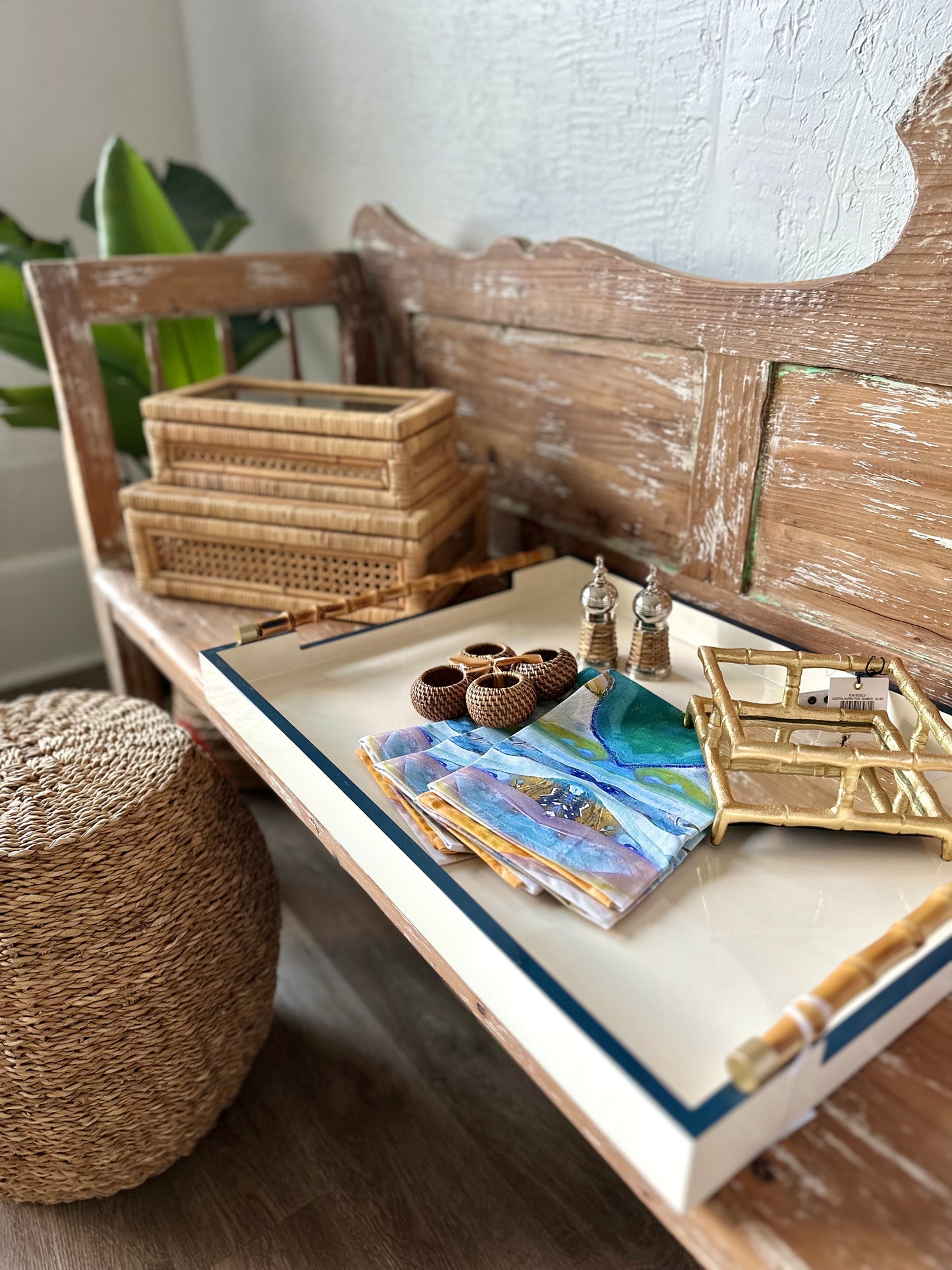Coco Cay lacquer tray with bamboo handles.