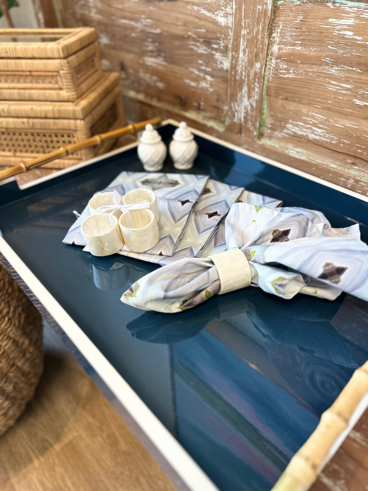 Coco Cay lacquer tray with bamboo handles.