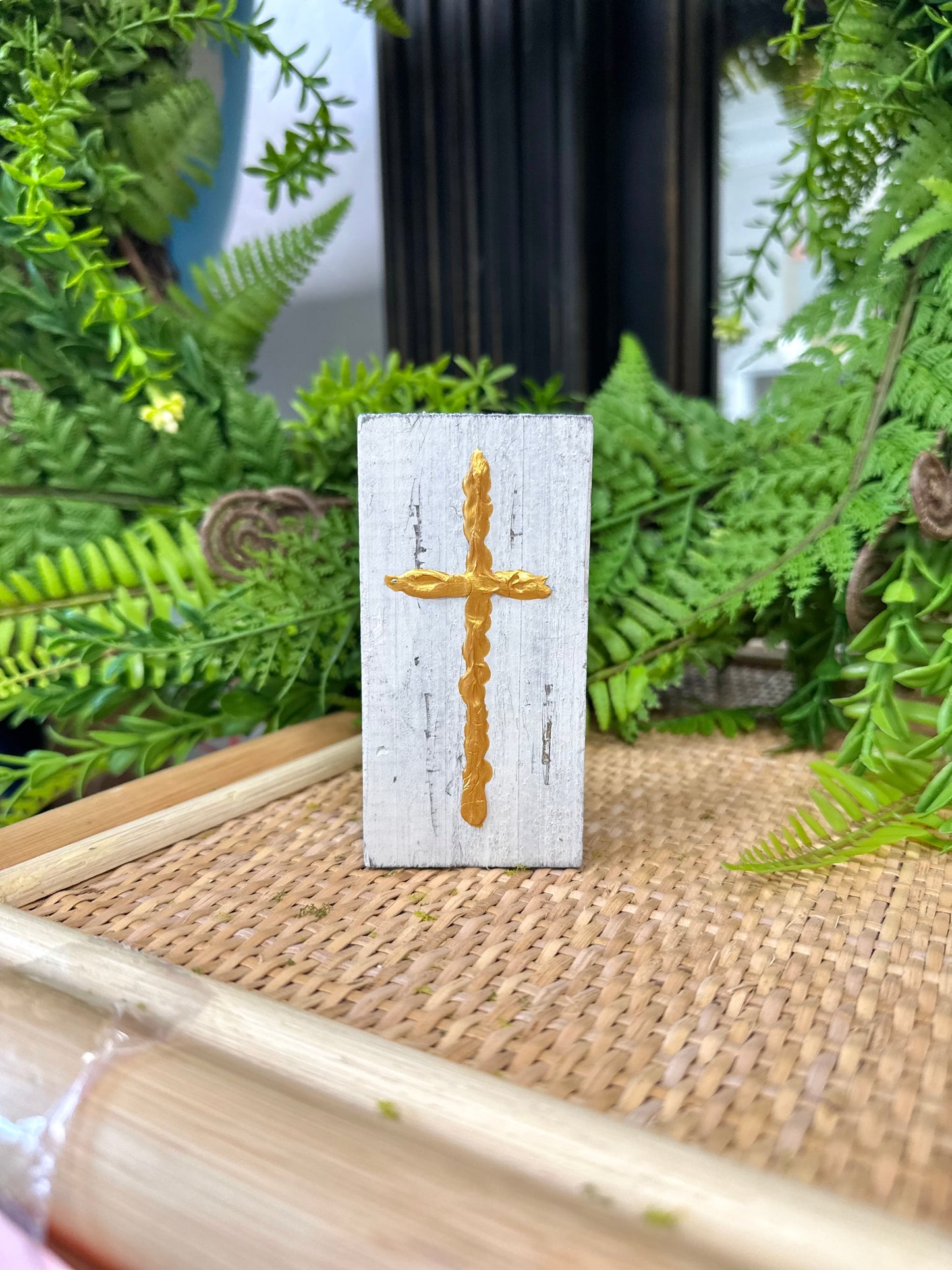 Hand painted Gold Cross on Wood Block, 4 assorted colors