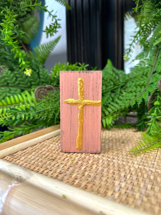 Hand painted Gold Cross on Wood Block, 4 assorted colors