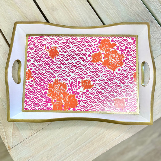 Pink/Orange Floral Tray with Gold Trim