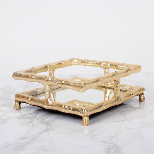 Gold Bamboo Mirrored Cocktail Napkin Tray 6.75" x 6.75" x 2.5"