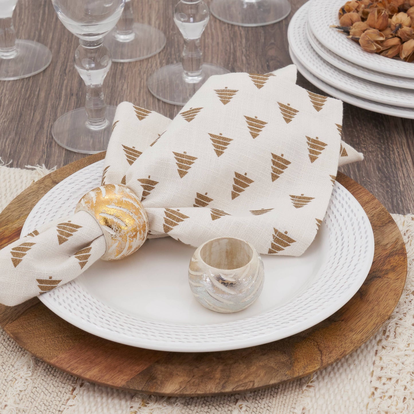 Foil Print Wood Napkin Ring, set of 4. Choose Gold or Silver