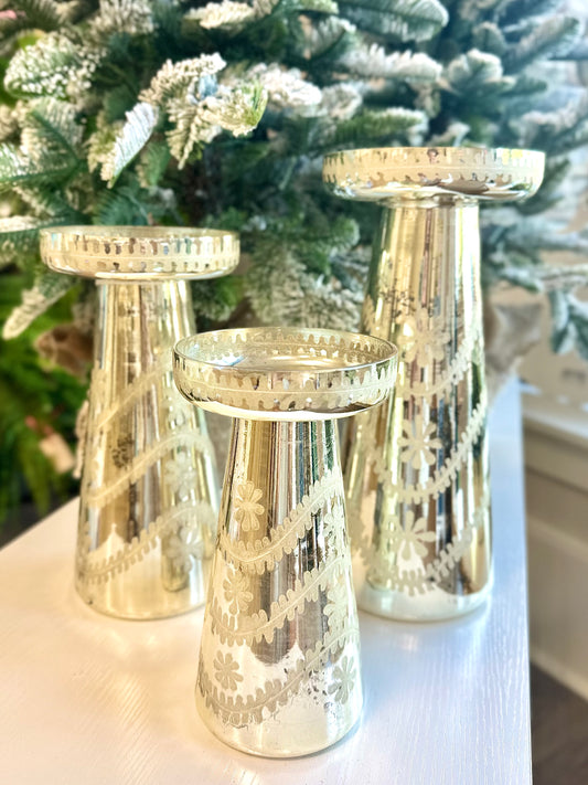 Etched Mercury Glass Candle Holders, 3 Sizes