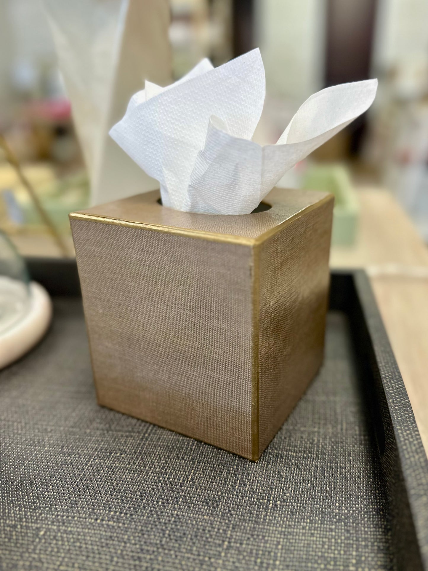 Taupe "Linen Print" Tissue Box Cover
