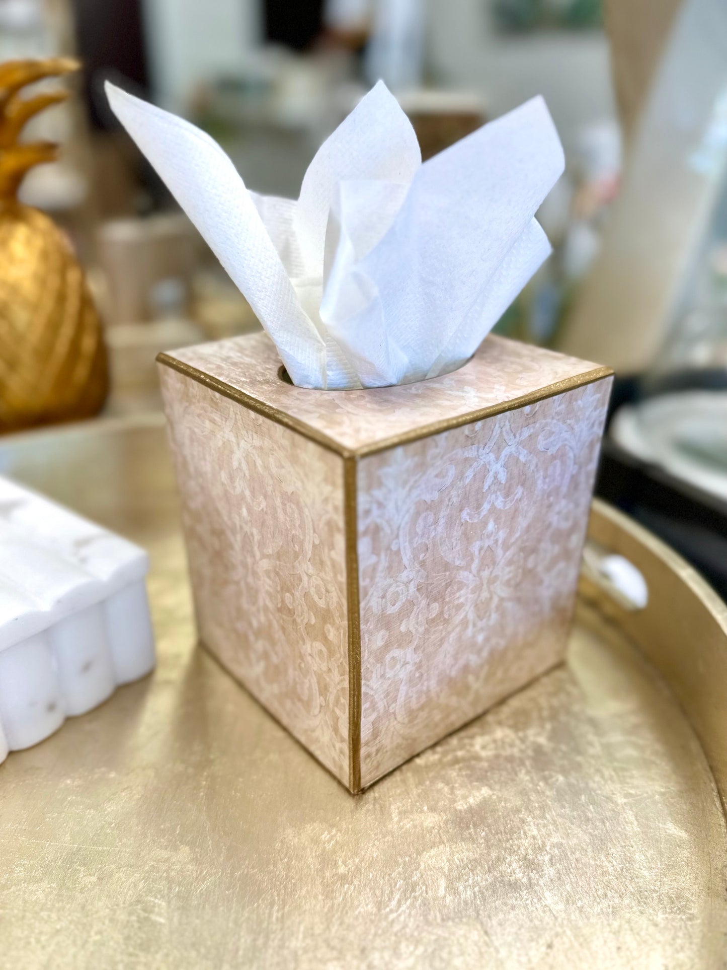 Beige Damask Tissue Box Cover