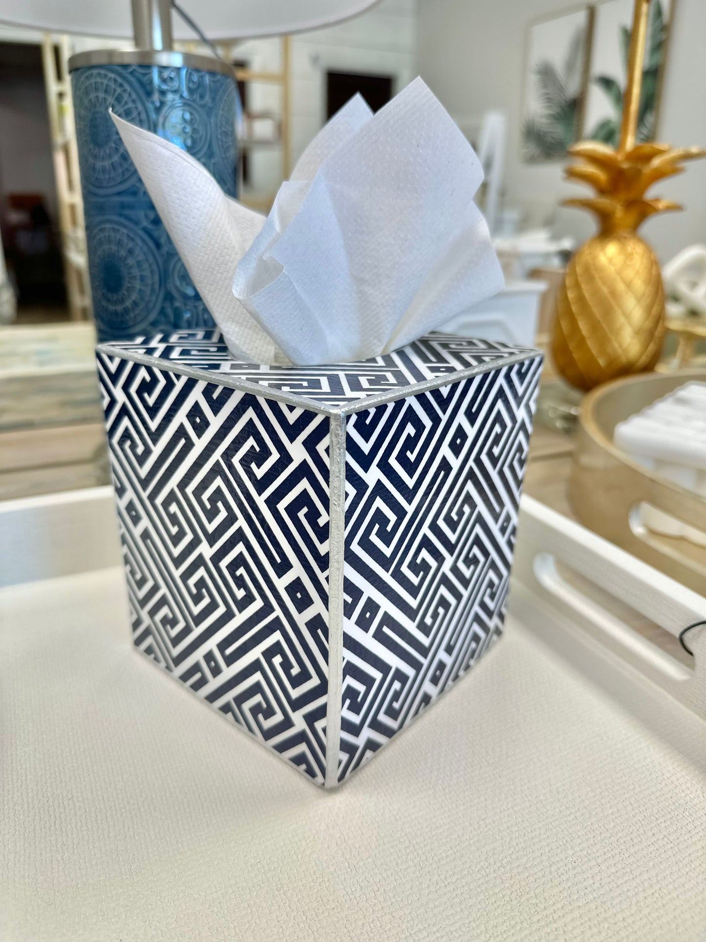 Navy Fret Tissue Box Cover