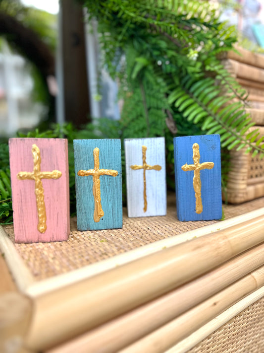 Hand painted Gold Cross on Wood Block, 4 assorted colors