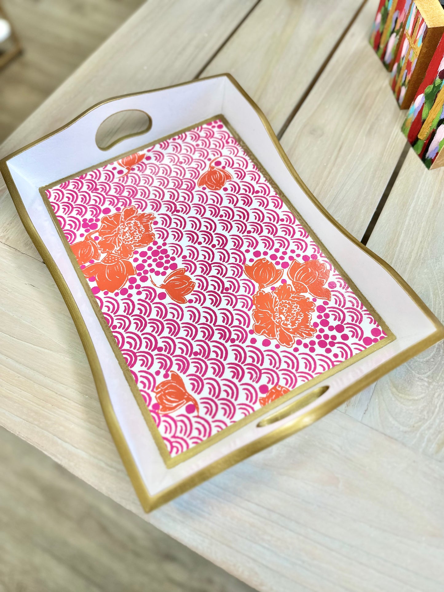 Pink/Orange Floral Tray with Gold Trim