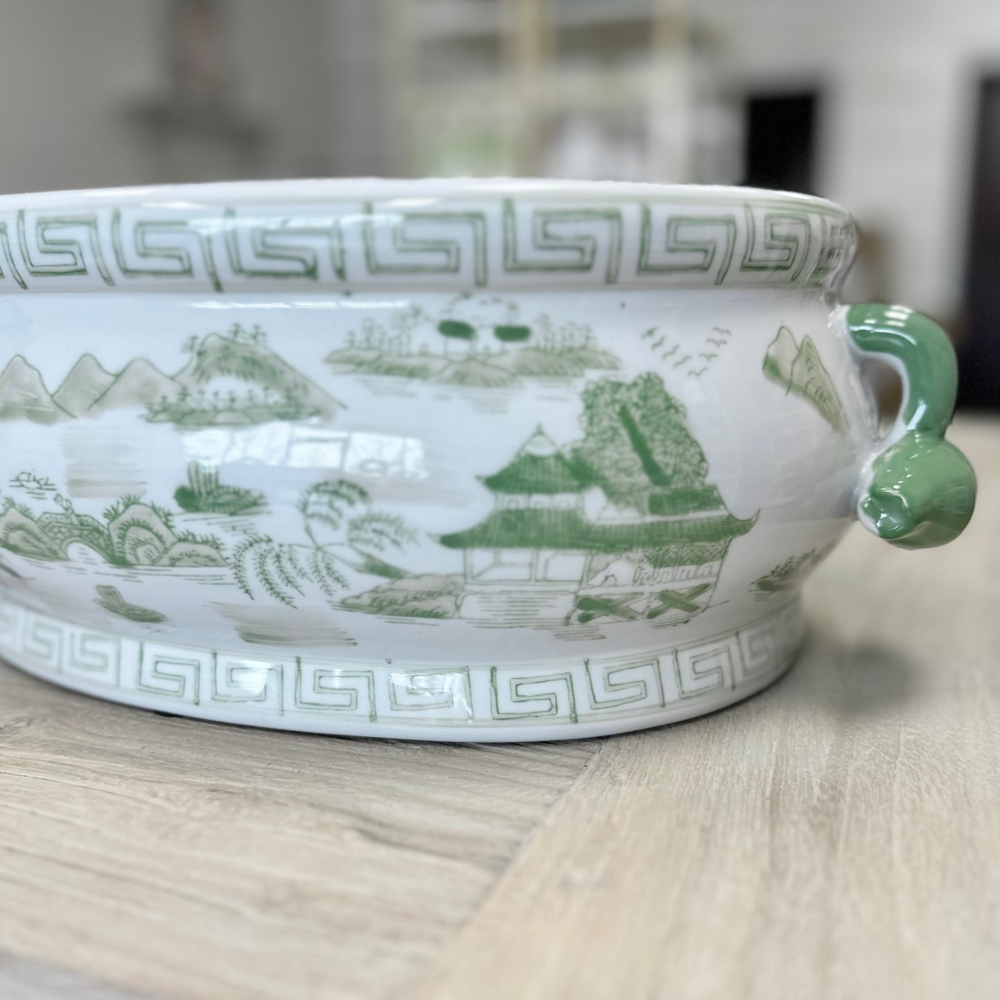 Beautiful Ceramic Green and White Chinoiserie Planter