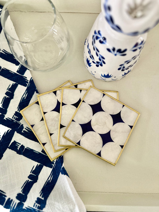 4x4” Gold trim, Navy/Ivory Capiz Coasters -Set of 4