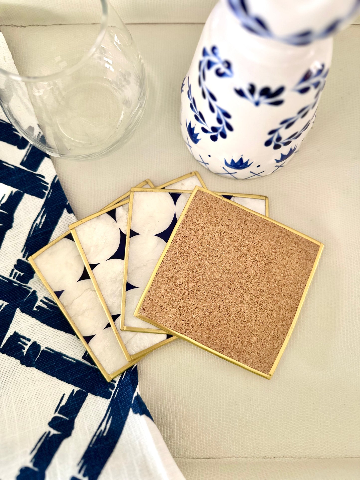 4x4” Gold trim, Navy/Ivory Capiz Coasters -Set of 4