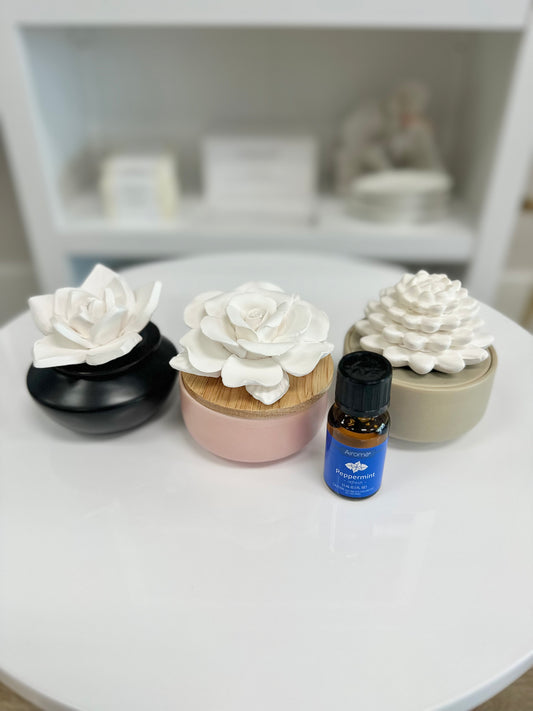 Spa Essential Oil Porcelain Diffuser w/ Peppermint Essential Oil (3 designs to choose from)