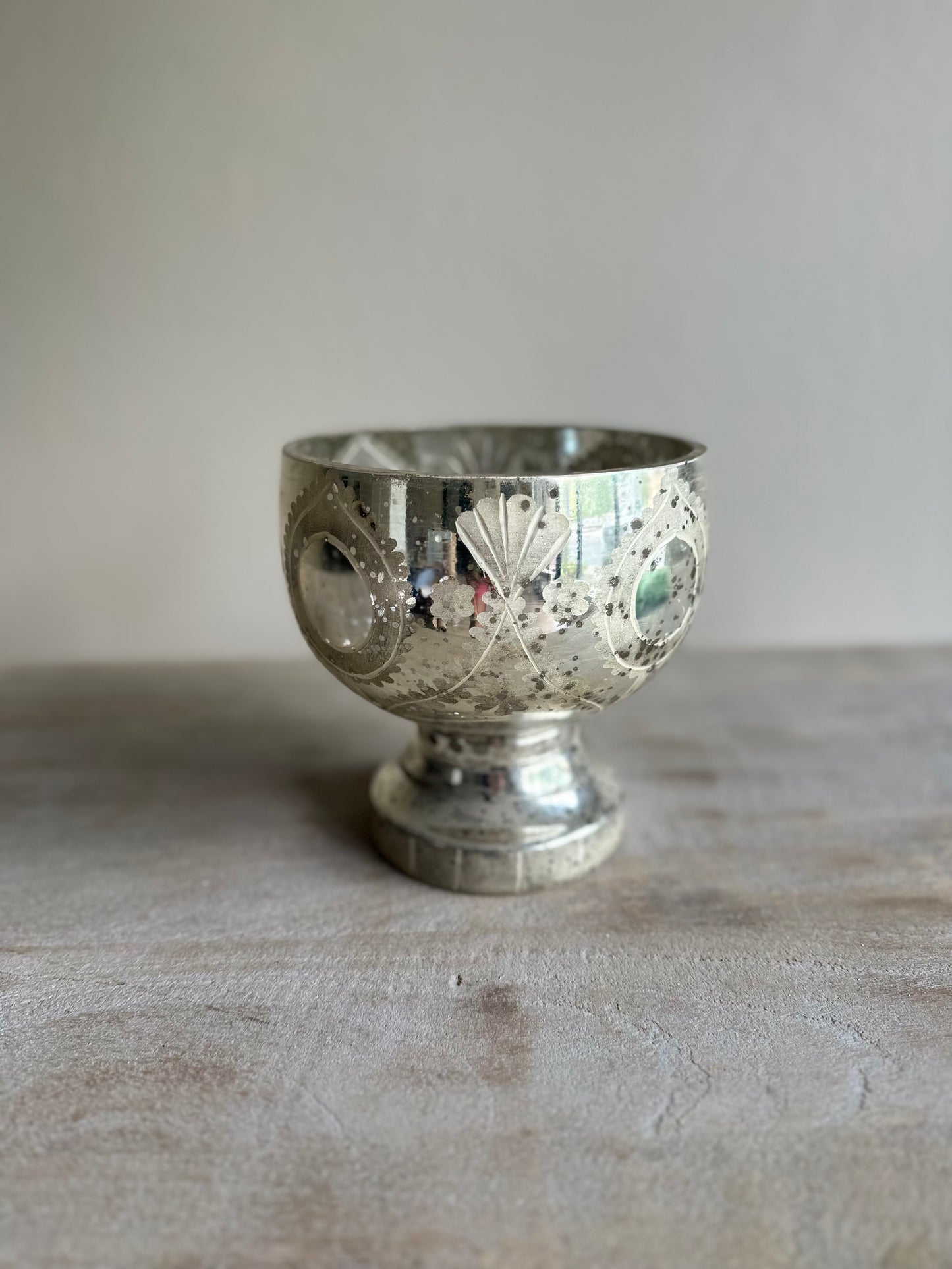 Etched Mercury Glass Peacock Compote Bowl