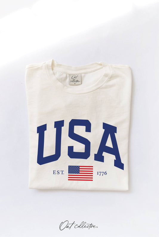  t-shirt with 'USA' and American flag design on a white background
