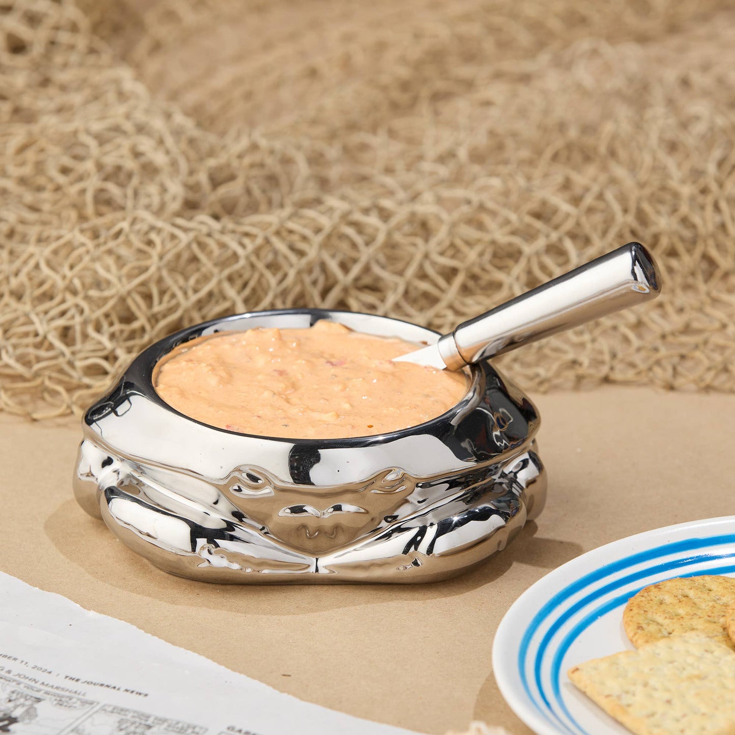 Silver Titanium Plated 3-D Crab Dip Bowl with Spreader
