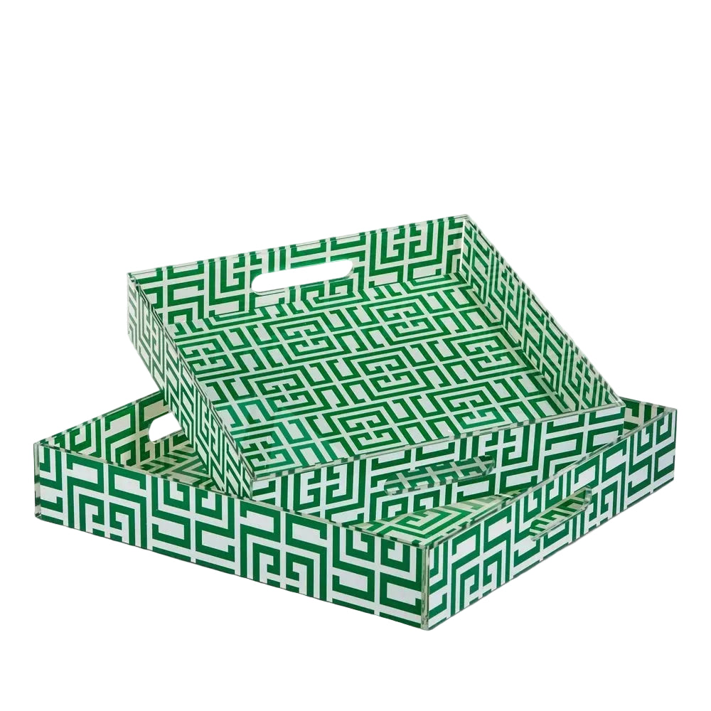 green and white greek key tray