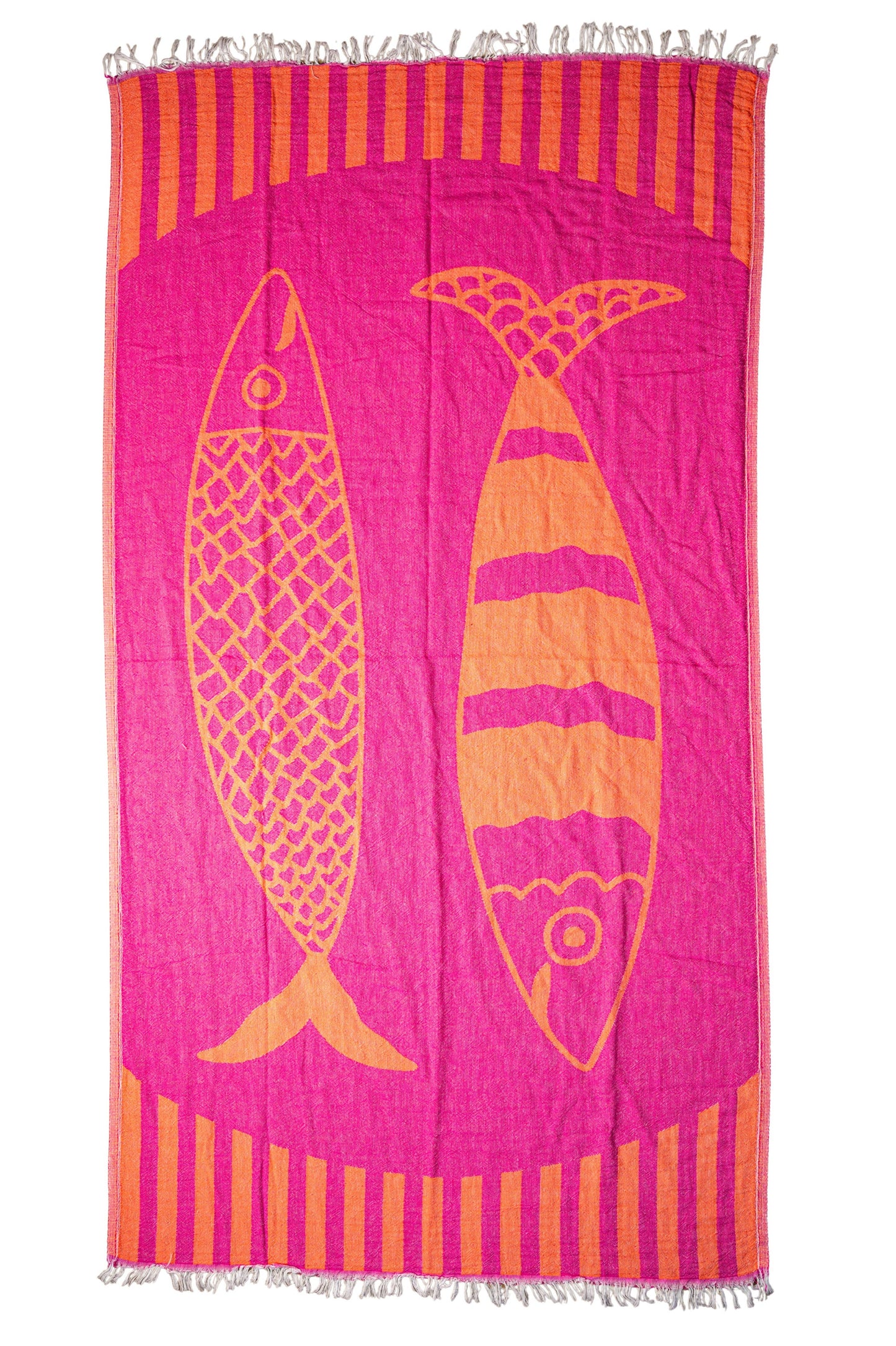 Pink and orange towel with sardine design on a white background