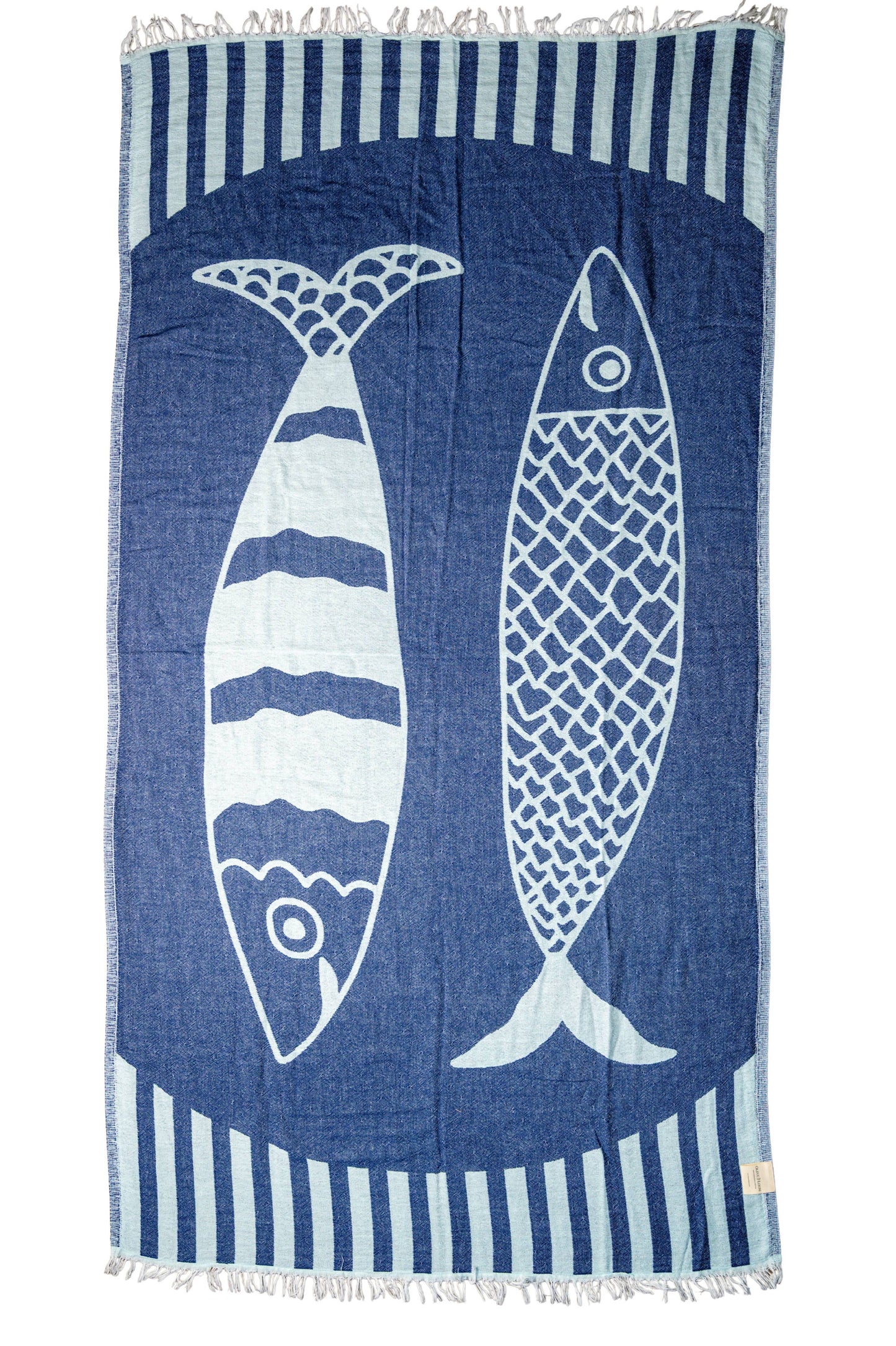 Towel with sardine design and striped pattern on a white background