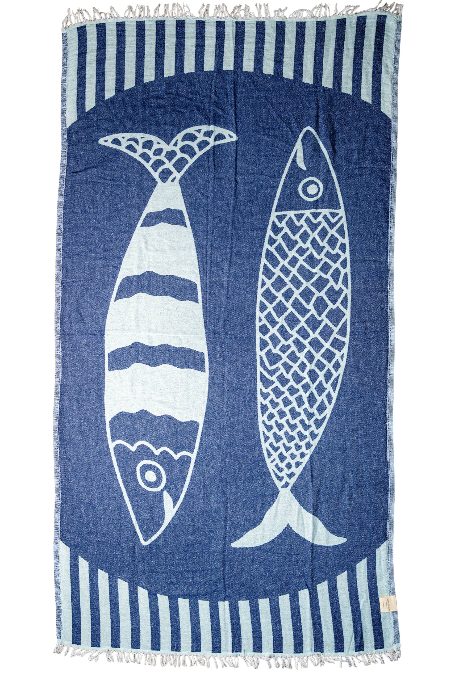 Towel with sardine design and striped pattern on a white background