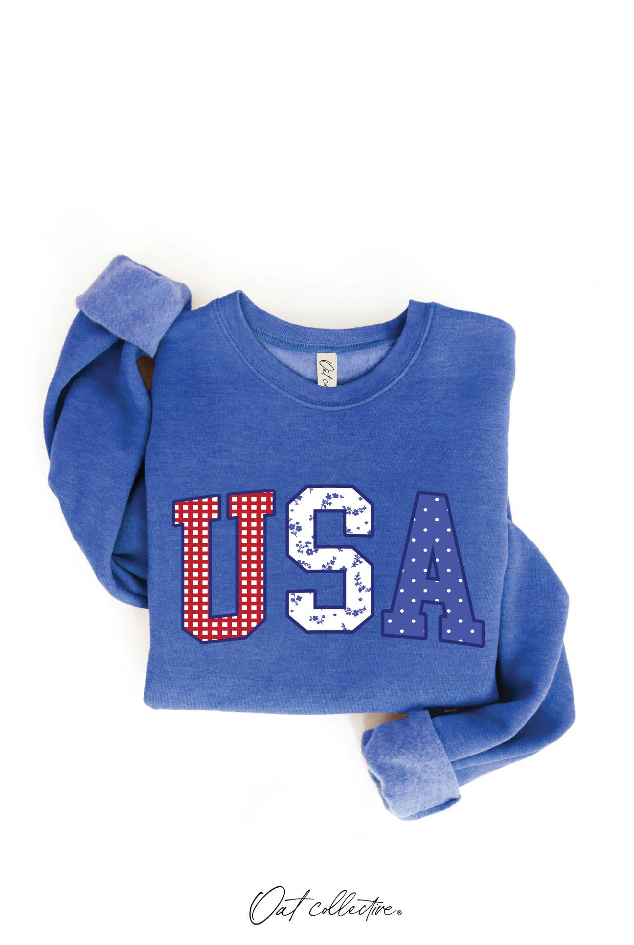 Blue sweatshirt with 'USA' text on a white background